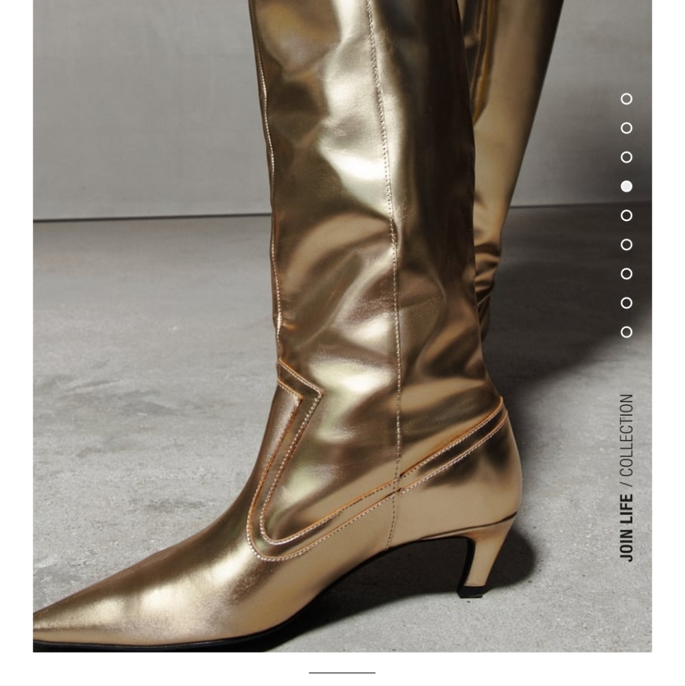 Zara NWT 38 7.5 Gold metallic patent leather boots cowboy heels patent barbie - Picture 7 of 13